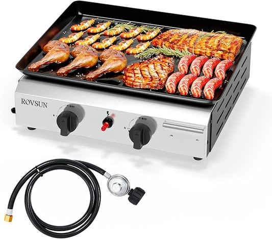 ROVSUN 2 Burner Portable Propane Griddle with Nonstick Enameled Tray, 20,000 BTU Tabletop Flat Top Gas Grill with Electronic Ignition & Regulator for Outdoor Cooking Camping BBQ Tailgating Picnicking