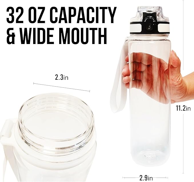 Clear Plastic Water Bottle | No Markings 32oz Chug Lid Sports Water Bottle | Leak Proof Re-Usable Flip Top Plastic Drinks Bottles for School, Office, Gym, Cycling, Exams (Clear-32oz)