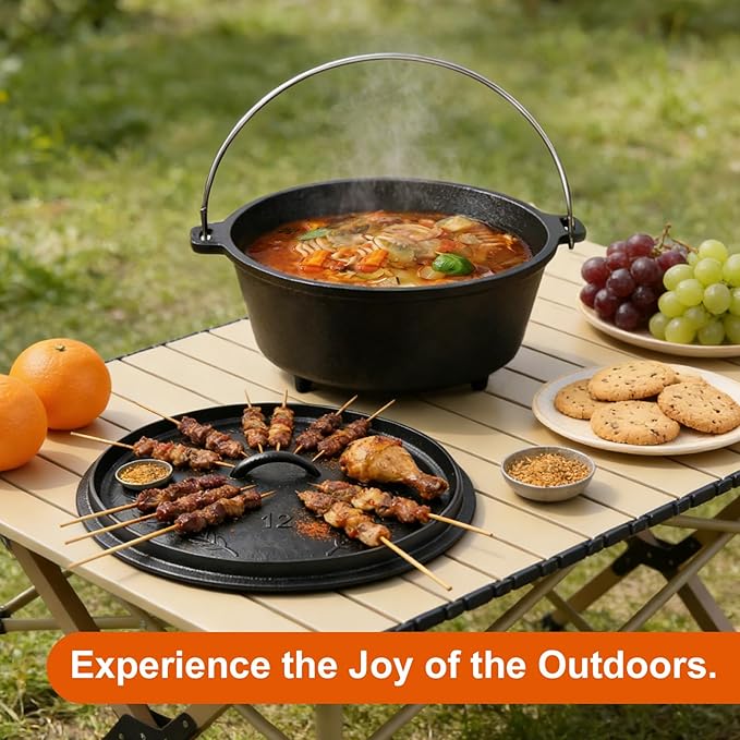 8QT Pre-Seasoned Cast Iron Camp Dutch Oven with Lid, Large Camping Dutch Oven Pot with Tripod Stand, incl. Lid Lifter - Dual Handles - for Outdoor Campfire, Grill, Oven & Stovetop Cooking-Black