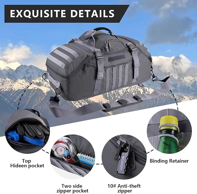 Hannibal Tactical 55L Large Duffle Bag, 3-in-1 Tactical Backpack MOLLE Pack for Sports, Gym, Outdoor, Grey