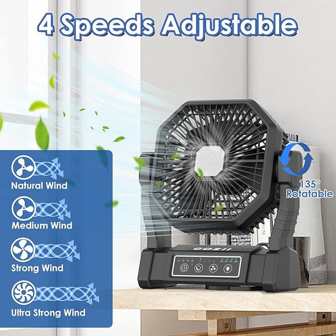 COZII Battery Operated Fan, 20000mAh Rechargeable Portable Fan with LED Lantern - 3 Colors, 4 Speeds, 4 Timing, Adjustable Head with Hook, Camping Fan for Table, BBQ, Beach, Hiking, Travel