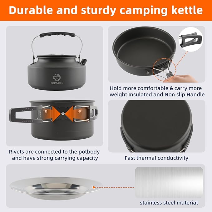 17-Piece Camping Cookware Set, Lightweight Backpacking Pot & Pan Kit with Non-Stick Anodized Aluminum, 0.45Gal Pot, 0.30Gal Kettle, 2 Cups & Cutlery Sets, Compact for Hiking, Camping, Picnic