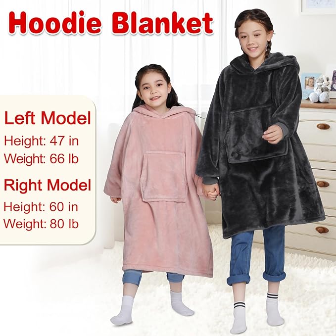 Waitu Wearable Blanket for Kids, Cozy Wearable Blanket Hoodie for Teens Girls Boys, Warm Blanket Sweatshirt Gift for Teenage, Hoodie Blanket with Sleeves and Giant Pocket - Dark Gray