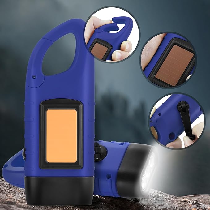 Simpeak 2-Pack Hand Crank Solar Powered LED Flashlight, Emergency Survival Flashlight with Dynamo Torch for Outdoor Sports (Blue)