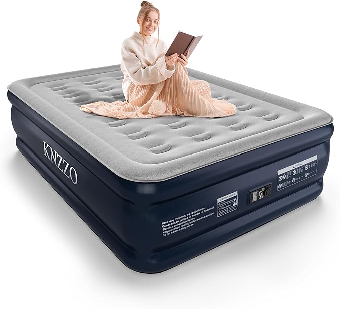 KNZZO Full Air Mattress with Built-in Pump, 18" Top Inflatable Mattress with Waterproof Flocking Fabric, Three-Minute Quick-Inflatable Bed. Portable Blow Up Mattress for Home, Outdoor and Guests