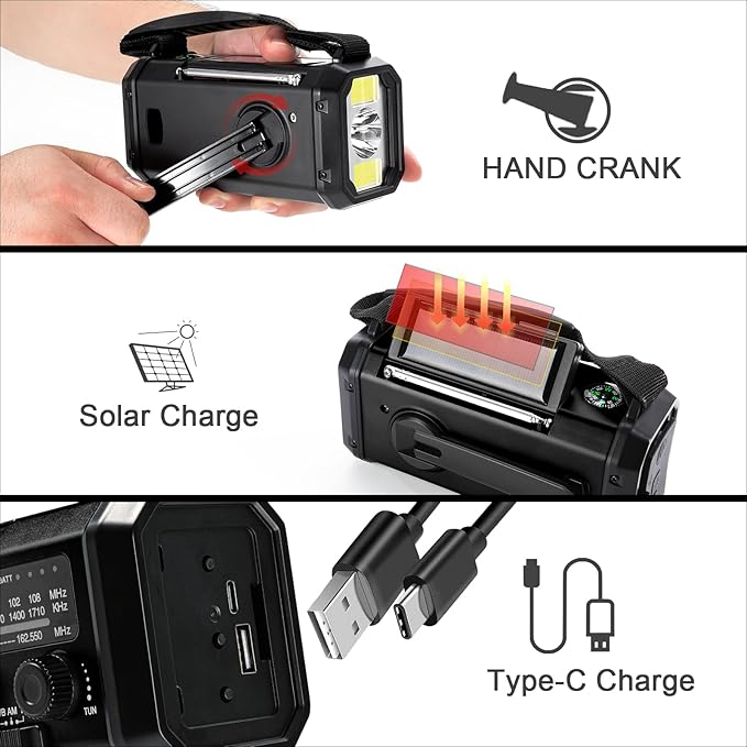 10000mAh Emergency Weather Radio,Portable FM/AM/NOAA Battery Powered Survival Radios&Power Bank,Solar/Hand Crank/Type-C Charger,Flashlight,Reading Lamp,Compass,SOS Alert,Outdoor Camping&Power Outages