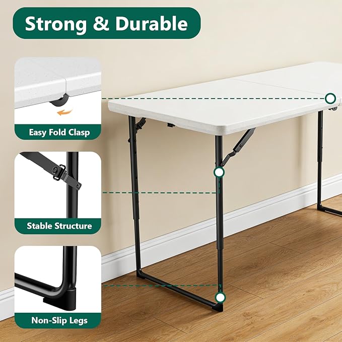 Folding Table 48" x 24" - Heavy Duty Fold-in-Half Plastic Table with Adjustable Height, Portable Utility Tables with Steel Legs for Indoor, Outdoor, Picnic, Camping, Dining, Party (White)