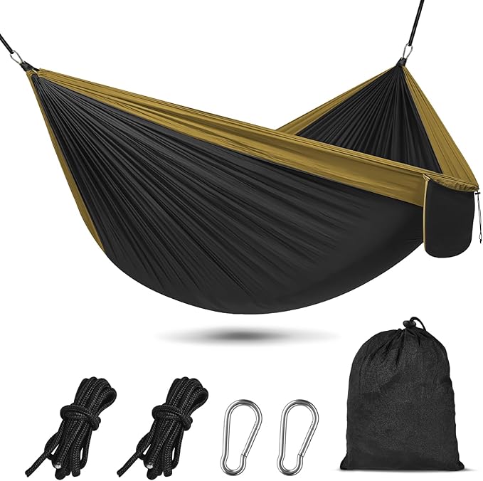 OBTANIM Camping Hammock 500lbs Portable Lightweight Single or Double Hammock with Tree Straps and Carry Bag for Camping Backpacking Hiking Travel Beach Outdoor Indoor (Camel and Black)