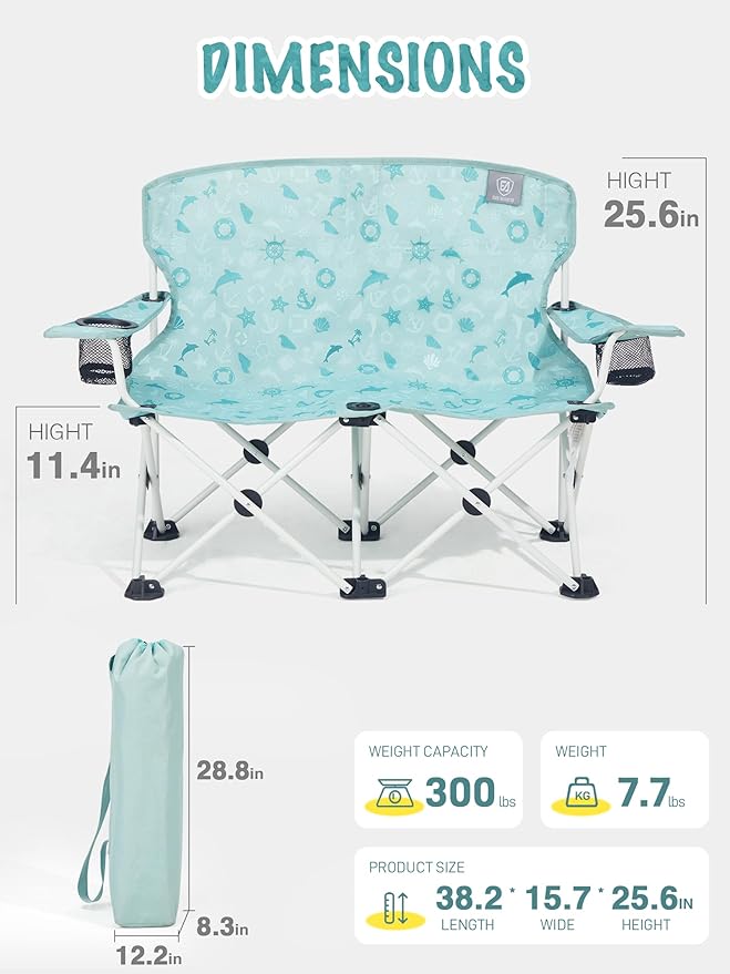 EVER ADVANCED Kids Double Camping Chair, Foldable Loveseat for Siblings & Twins with Cup Holders, Padded Kid Chair with Mesh Pocket, Portable Outdoor Sofa for Beach, Playroom, Supports 300lbs, Green