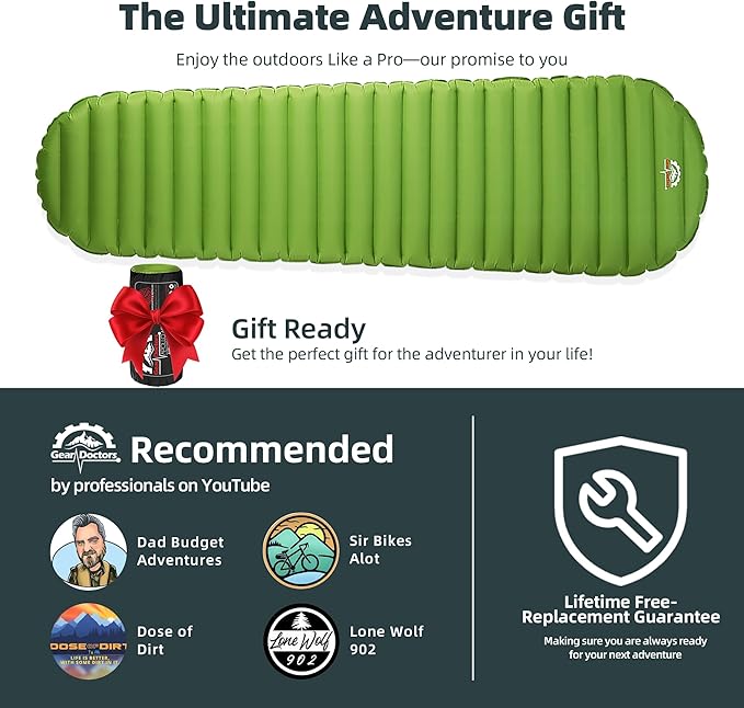 Gear Doctors ApolloAir 5.2 R-Value [25oz] Ultralight Insulated Inflatable Camping Sleeping Pad — Backpacking Sleeping Pad — Camping Mattress Compact Lightweight for Hiking—Air Mattress for Backpacking