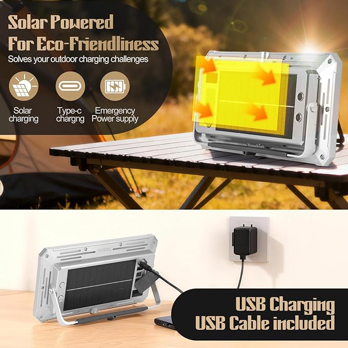 Solar Rechargeable Work Light with Power Bank & Battery Indicator, 178 LED Portable Flood Light with Magnetic Base, 4 Modes IP44 Waterproof Job Site Lamp for Camping, Fishing, Car Repair (Silver Body)