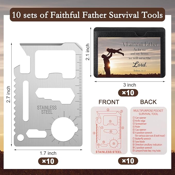 10 Pcs Faithful Father 11 in 1 Stainless Steel Credit Card Multitool Father's Day Gifts Survival Wallet Tool Bible Verse Joshua 24: 15 Pocket Tool Set for Men Church Prizes Party Favor