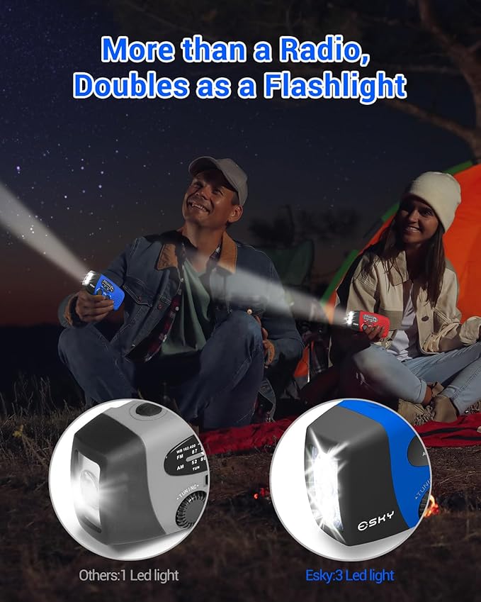 Esky Emergency Hand Crank Radio with 3 LED Flashlight, AM/FM/NOAA Portable Weather Radio with 2000mAh Rechargeable Battery, Solar Powered USB Charged Radio for Indoor Outdoor Camping, Blue