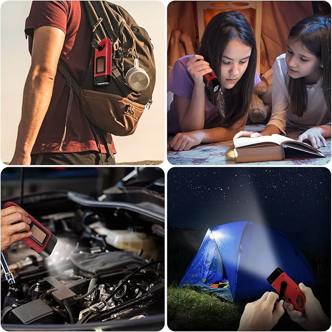 Simpeak 2-Pack Hand Crank Solar Powered LED Flashlight, Emergency Survival Flashlight with Dynamo Carbiner for Outdoor Sports, Red