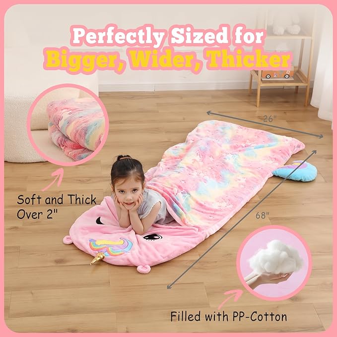 Kids Sleeping Bag, Plush Toddler Slumber Bag 2-in-1 Pillow, Soft Sleeping Bag, Nap Mats for Preschool,Daycare,Travel,Gift, Ages 3-12