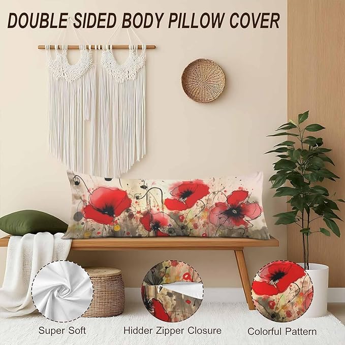 Red Poppy Decorative Body Pillowcase 20"X54", Watercolor Poppies Red Outdoor Body Pillow Covers Throw Pillow Cushion Covers Oversized Body Pillow Cases for Home Patio Office