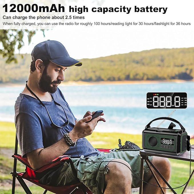 44400mWh/12000mAh Emergency Radio, Hand Crank Portable Solar Radio AM/FM/NOAA Weather Radio with 2 Solar Panels,3 Charging Methods,SOS Alarm,Flashlight,Phone Charger,Compass,Reading Lamp
