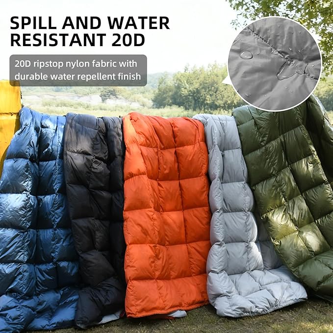 Down Camping Blanket - Lightweight, Packable, Warm & Puffy Outdoor Travel Quilt for Sleep, Hiking, Backpacking, Stadium, Festivals, Water-Resistant Sleeping Bag 55"x79"