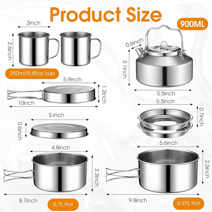 Funnymoom 15 Pcs Camping Cookware Mess Kit Outdoor Cooking Set Stainless Steel with Pot and Pan Kit 2 Set Stainless Steel Cups Plates Forks Knives Spoons for Camping Backpacking Cooking Picnic
