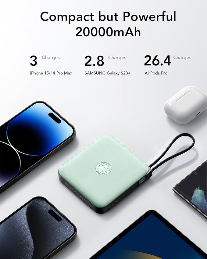 VRURC Portable Power Bank Built-in Cables, 20000mAh 22.5W Fast Charging USB C Battery Pack, Phone Charger Battery, for iPhone 16 15 14 13 12 11 Samsung Galaxy S23 S22, Green(1 Pack)