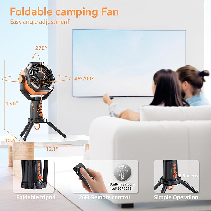 MORIKO Table Fans Tripod, 20000mAh Rechargeable Battery Operated Portable Tent Fan with LED Lantern, Remote Control, Hook, 270° Pivot, Stepless Speed-Ideal for Camping, Picnic, Barbecue, Jobsite