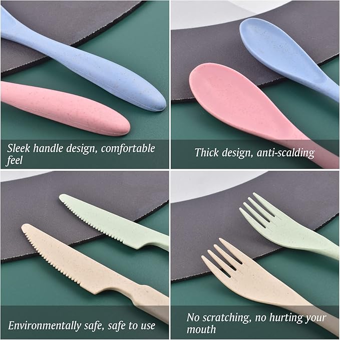 Knives Spoons and Forks Set, Wheat Straw Cutlery Set, Reusable Flatware Set for 4, Utensils for Party, Travel, Work, Picnic, Camping or Daily Use (Green, Beige, Pink, Blue)