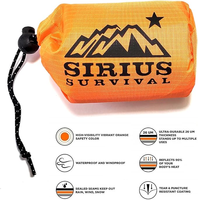 Bivvy Emergency Sleeping Bag - Lightweight & Compact - Waterproof, Thermal, Emergency Blanket - Mylar Sleeping Bag in Portable Drawstring Sack - Orange