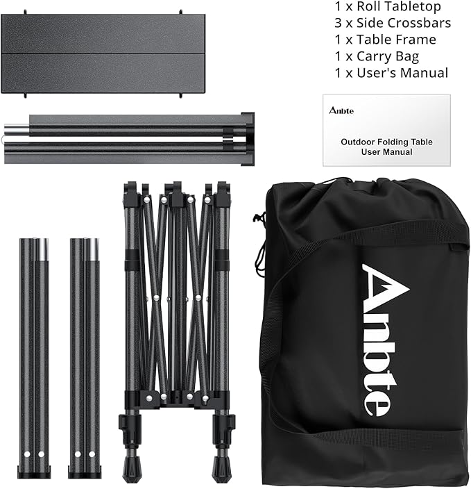 Anbte Camping Table Foldable, 2 Height Max 27.5" Aluminum Roll up Camping Table with Carry Bag & Heat-Resistant Tabletop, Lightweight, for Indoor Outdoor RV BBQ Picnic Patio Beach, 26" x 23", Black