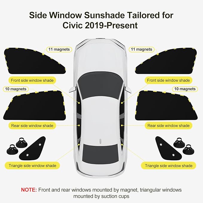 ZATOOTO Car Window Shades for Honda Civic 2017-2024, Side Window Sun Shade with Double Layer Reversible, Black for Blackout Privacy Silver for UV Blocking for Camping Sleeping Travel