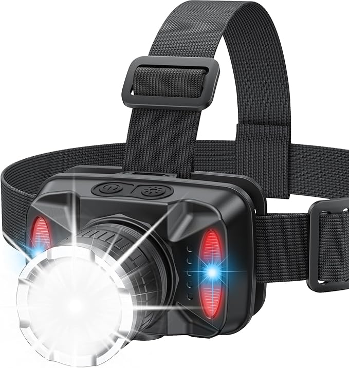 Rechargeable LED Headlamp, 6 Light Modes with Red & Blue Strobe, Zoomable Beam, 90° Adjustable Waterproof Headlamp for Camping, Hiking, Fishing, Outdoor Work
