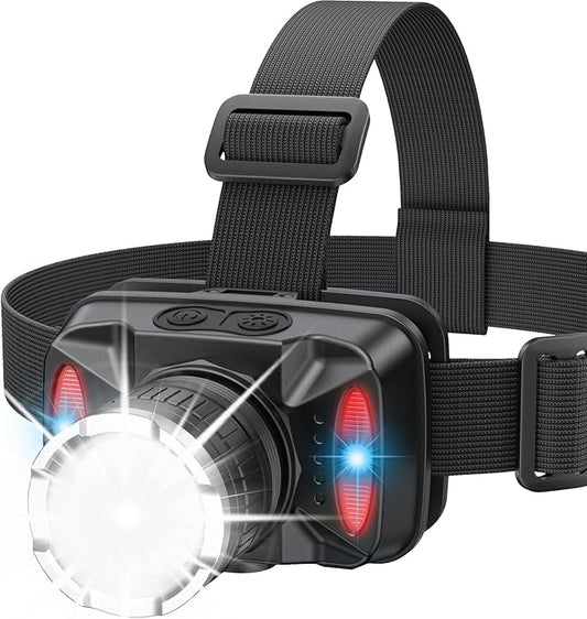 Rechargeable LED Headlamp, 6 Light Modes with Red & Blue Strobe, Zoomable Beam, 90° Adjustable Waterproof Headlamp for Camping, Hiking, Fishing, Outdoor Work