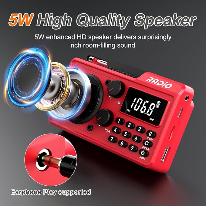Portable Radio AM FM 1500mAh Rechargeable with Best Reception, Transistor shortwave Radio Wireless Bluetooth Speaker, with Large LCD Screen, Support TF Card U Disk, Earphone, Sleep Timer (Red)