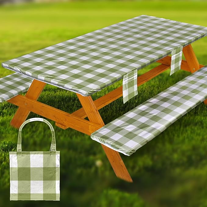 Picnic Table Cover with Bench Covers Vinyl Elastic Edges Fitted Rectangle Seat Tables Waterproof 3-Piece96X30in Set Outdoor Rectangular Folding Backing Tablecloth for Camping Over Size