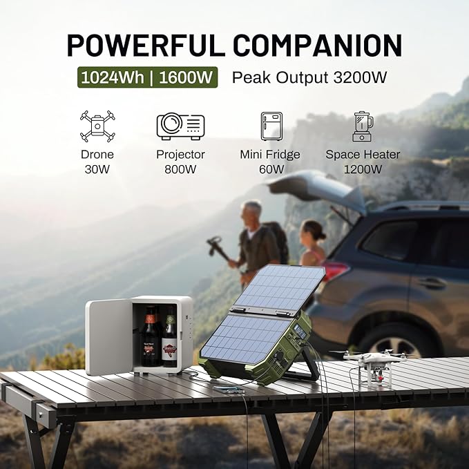 BROWEY 1600W (3200W Peak) Portable Power Station with 120W Solar Panel, 1024Wh LiFePO4 Battery with Built-in Solar Panel, Fast Charging, Solar Generator for Camping, RV, Home Backup, Emergency