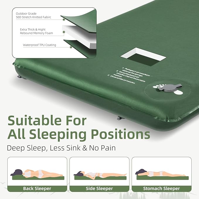 Wevelel Memory Sleeping Pad, 3.1" Ultra-Thick Foam Sleeping Mats for Camping, Easy Inflate&Deflate,9.5 R-Value Insulated Camping Mattress Pad with Pillow, for Car Travel Tent