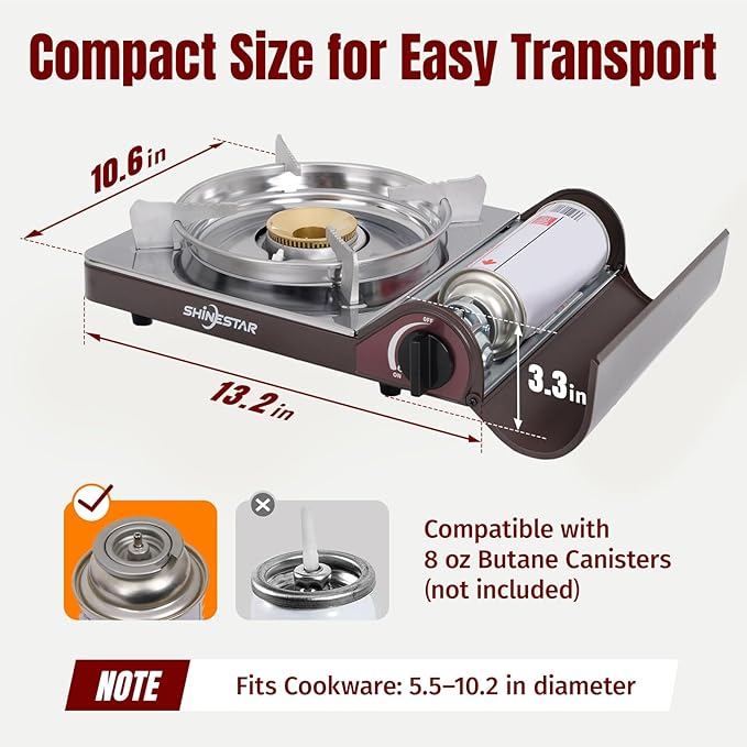 SHINESTAR 14000 BTU Butane Camping Stove, Portable Butane Stove with Brass Burner, One-Touch Piezo Ignition, Magnetic Safety Lock & Double Wind-Guard, Portable Gas Stove for Camping, RV, Emergencies