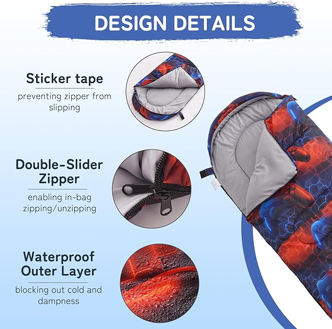 tuphen Kids Sleeping Bag - 50-77℉ 3-Season Waterproof Sleeping Bag for Boys & Girls, Lightweight 2.2 lbs Camping Gear with Compression Bag Ideal for Camping, Hiking, Indoor