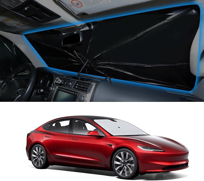 Windshield Sun Shade Umbrella Custom Fit 2012-2026 Tesla Model S Accessories (Fit Long Range/LR Model) Foldable Sunshade Sun Blocker Visor Protector