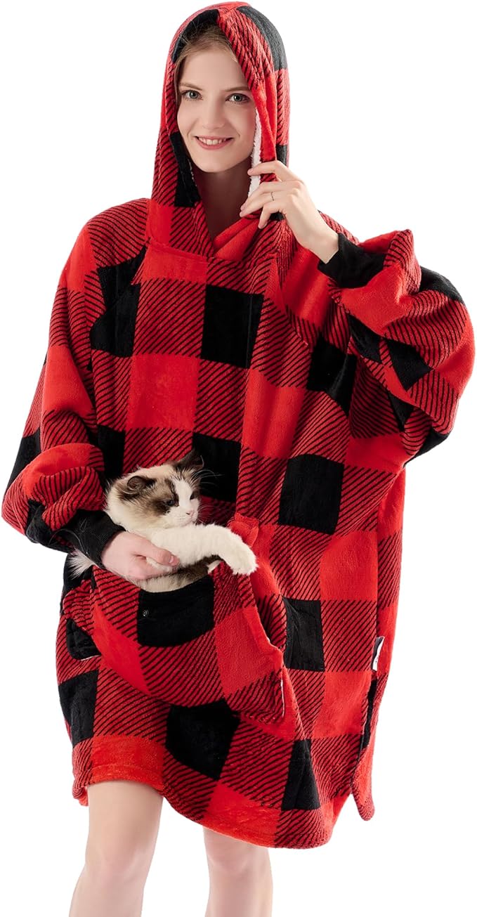 Krifey Wearable Blanket Hoodie, Oversized Sherpa Fleece Sweatshirt with Giant Pocket, Birthday Gifts for Women, Mom, Sister, KRF003-Red plaid