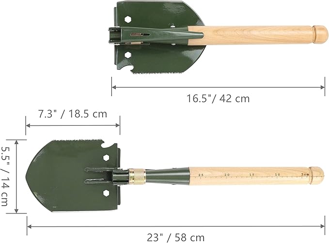 MASTIFF GEARS Folding Survival Shovel - Wooden Handle, Heavy Duty Carbon Steel Military Entrenching Tool for Camping, Off Road, Beach & All-Terrain Digging (Classic w/Pick)