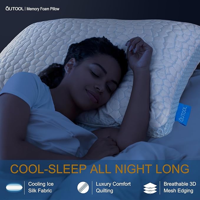 QUTOOL Enhanced Cooling Pillows for Sleeping, CertiPUR-US Shredded Memory Foam Pillows King Size Set of 1 for Hot Sleeper, Adjustable Bed Pillow for Side, Back, Stomach Sleepers Support Yet Soft, Blue