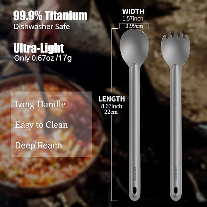 OUTXE Ultralight Titanium Long Handle Fork and Spoon Set