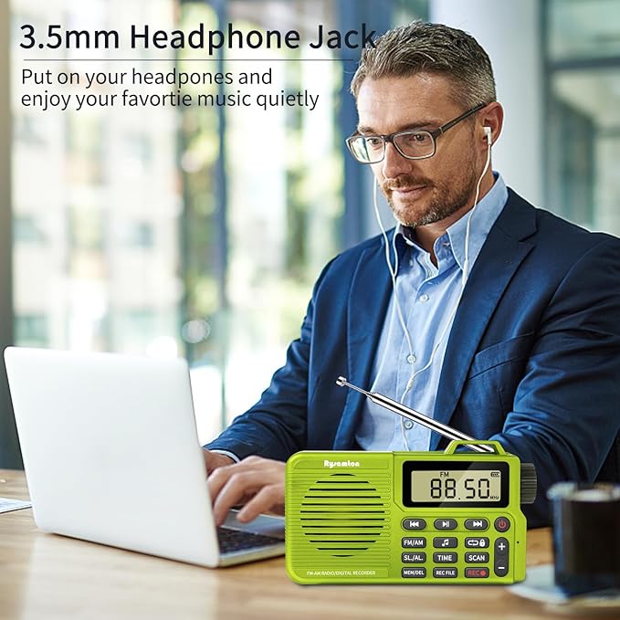Portable AM/FM Radio, Digital Radio Recorder, Bluetooth 5.0 Speaker, Alarm & Sleep Function, 12/24H Time Display (Yellow Green)