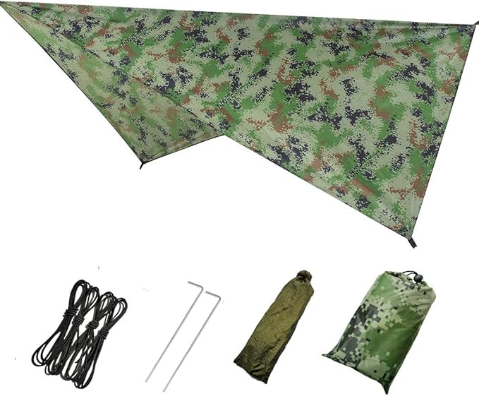 Camping Hammock, Double & Single Portable Hammock with Tree Straps, Lightweight Nylon Hammock Swing Set with Net and Rain Fly Tarp and Pocket for Backpacking Hiking Travel Outdoor(ArmyGreen1)