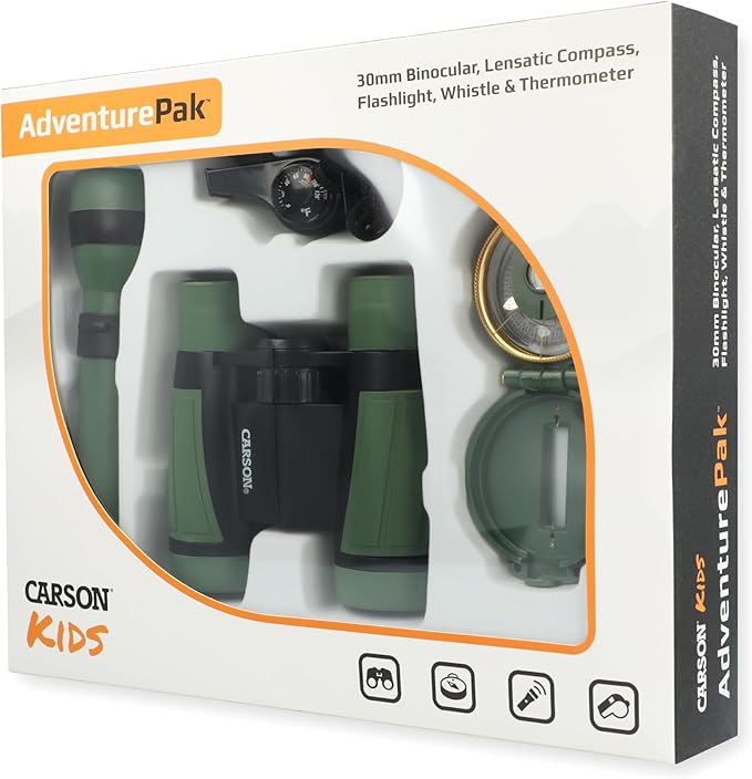 Carson AdventurePak Containing 30mm Kids Field Binoculars, Lensatic Compass, Flashlight and Signal Whistle with a Built-in Thermometer (HU-401), Multicolor