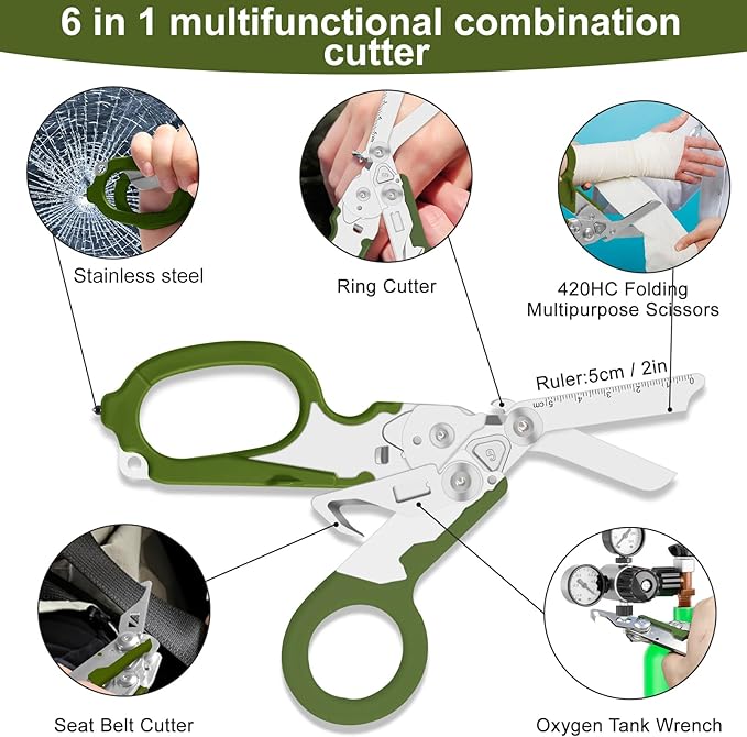 6-in-1 trauma shears - emergency responders, outdoor emergencies, medical staff, and outdoor camping, Gift box packaging with scissors storage K sheaths (army green)