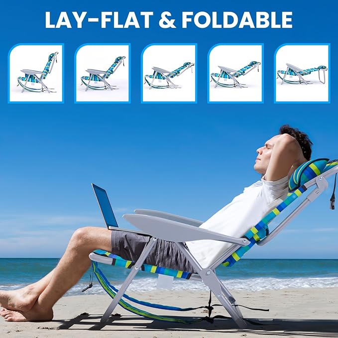 Portable Beach Chair for Adults, Outdoor Camping Chair Lay Flat Folding Backpack Beach Reclining Chair with 5 Positions, Headrest, Cup Holder, Heavy Ocean Striped