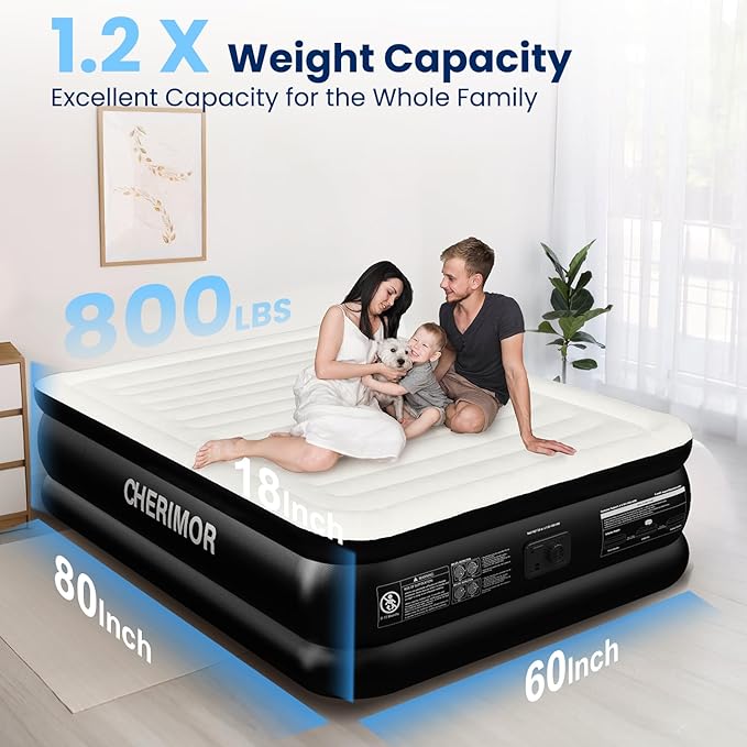 CHERIMOR Air Mattress Queen with Built in Pump, Inflatable Blow Up Mattress 18" Raised, Multi-Layer Leakproof, Heavy-Duty Support 800 lbs, Air Bed Queen Size for Home Guests Camping, 3-Min Inflation