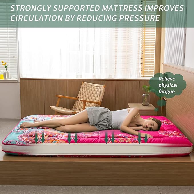 MAXYOYO Bohemian Style Futon Mattress, Padded Japanese Floor Mattress Quilted Bed Mattress Topper, Extra Thick Folding Sleeping Pad Breathable Floor Lounger Guest Bed for Camping Couch, Red, Twin