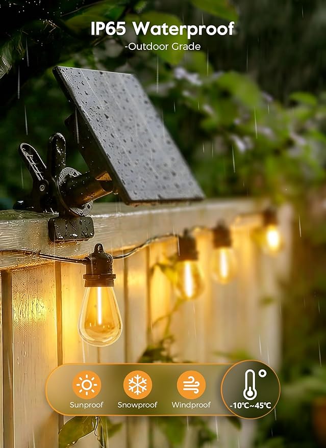 Minetom 100FT Solar-String-Lights-Outdoor-Waterproof, 31+2LED S14 Shatterproof Bulb, Patio Lights with Remote Type-C Port Timable, 3 Light Modes Dimmable Solar String Lights for Outside, Yard, Camping